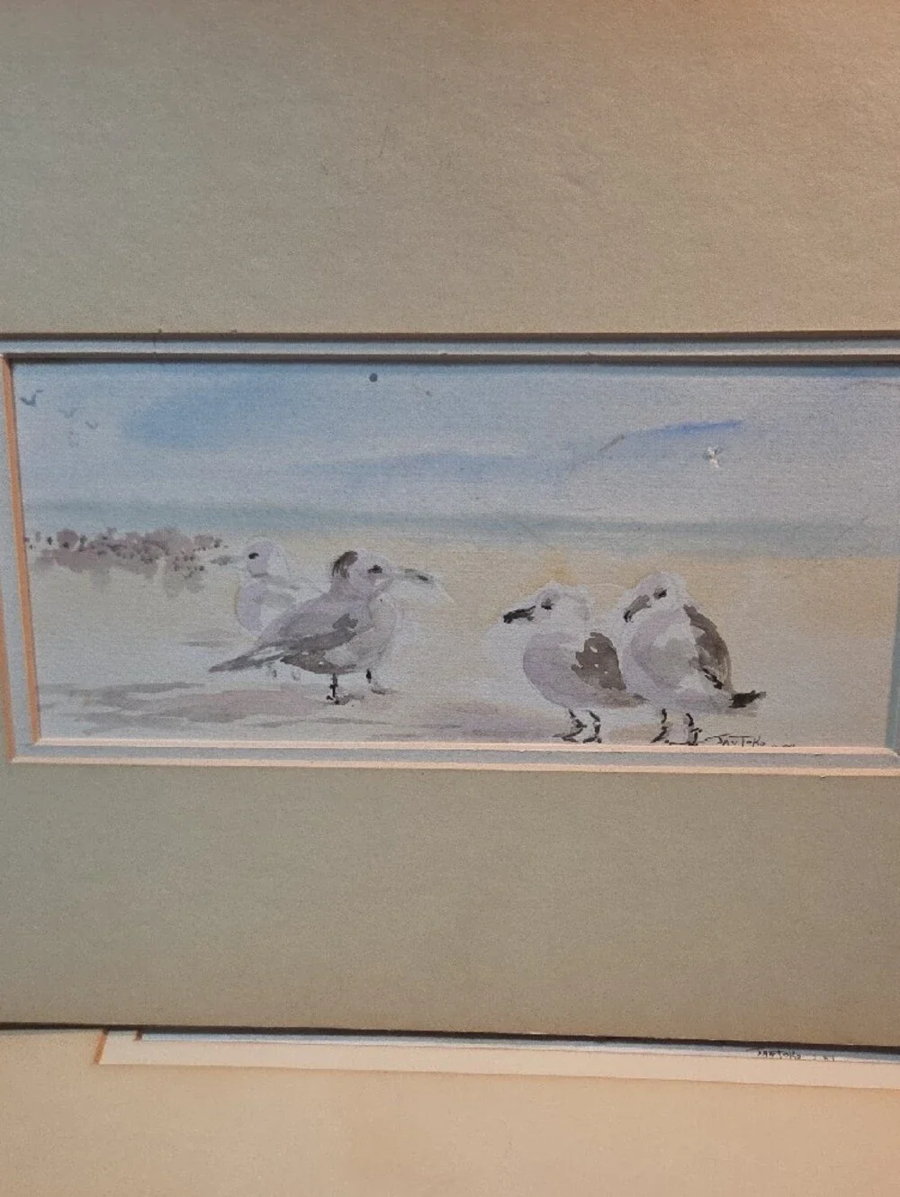 Jan Toko Seagull Beach Watercolor Print in Soft Neutrals